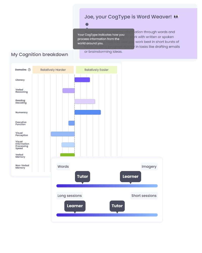 A learner's cognitive diversity report: the nine cognitive domains shown as relative strengths, with a plain-language CogType.