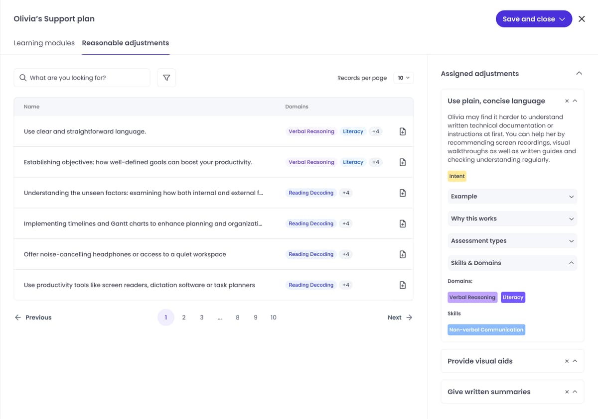 The Cognassist support-plan builder — a learner's needs, matched reasonable adjustments, and the support to be delivered.
