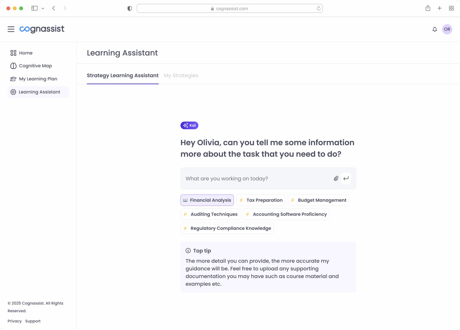 Kai's create-strategy screen, where a learner types in a task to get a personalised learning strategy