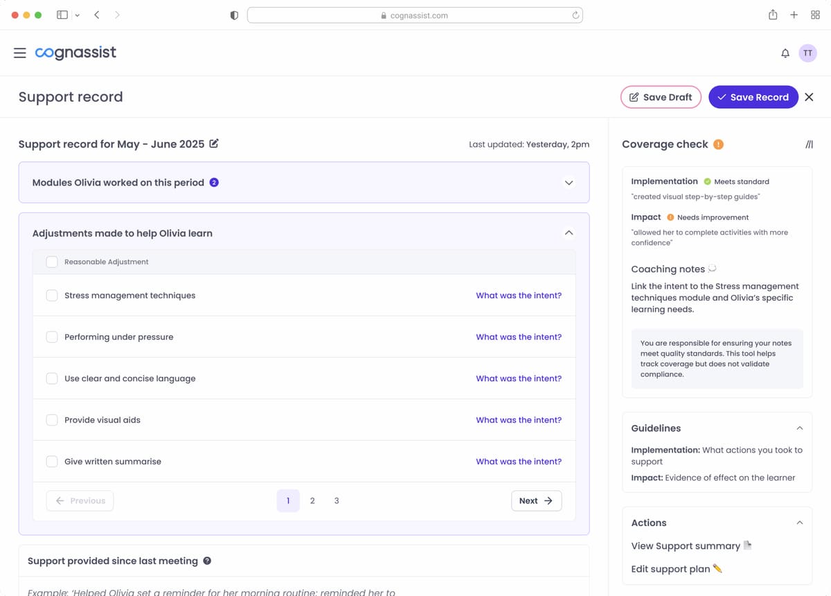 A monthly support record in the Cognassist platform.