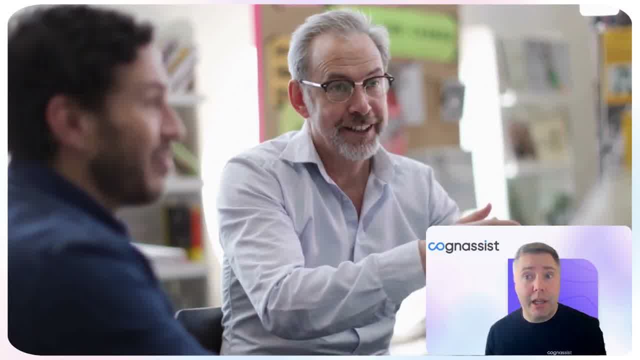 Two colleagues in conversation in a college staff room, with a Cognassist presenter speaking in an inset panel.