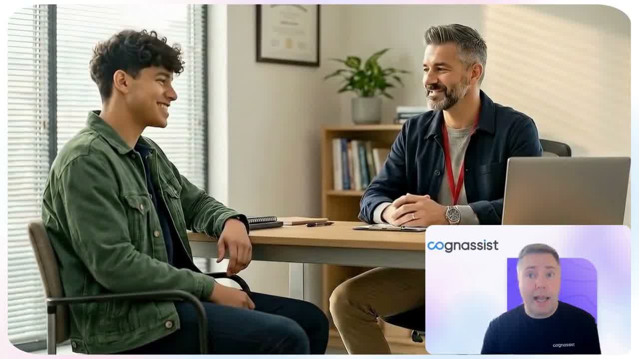 A learner and a tutor talking across a desk in a college office, with a Cognassist presenter speaking in an inset panel.